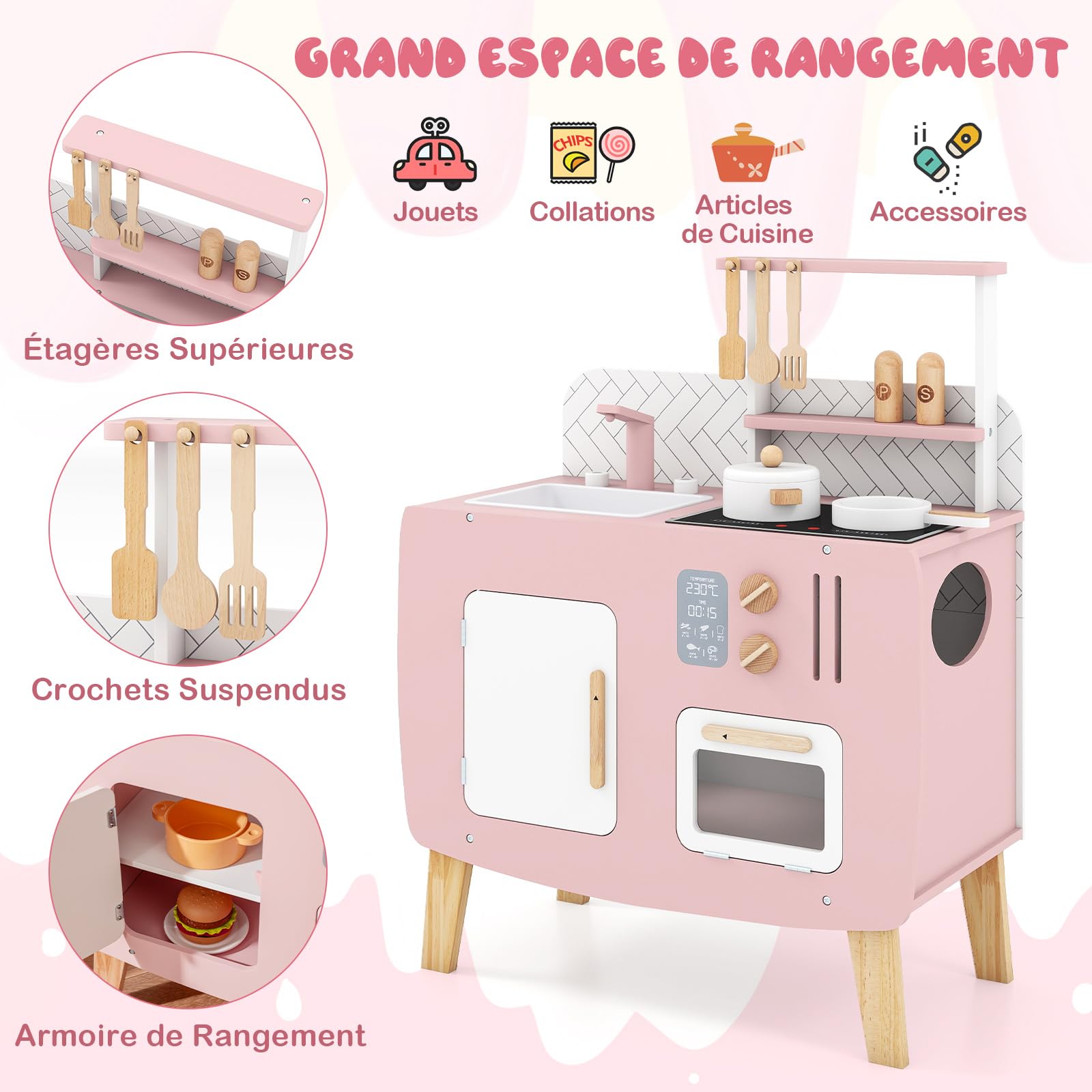 COSTWAY Cuisine Enfant en Bois avec Effet Sonore & 7 Accessoires, Jeu de Cuisine Rose avec Micro-Ondes & Évier & Robinet, Armoire, Étagère, Jeu d'Imitation pour Enfants de 3 Ans+