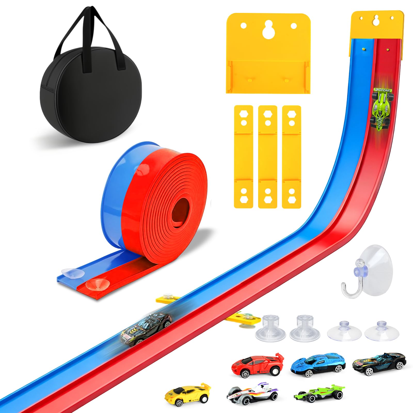 Circuit Voiture Enfant 5M, Jouet de Circuit Automobile avec 6 Voitures, Sac Rangement, Jouet Enfant 4 5 6 7 8 Ans, Piste de Voiture Flexible Enroulable, Bleu Rouge