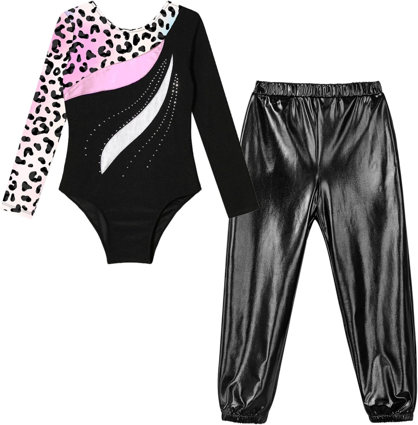 Oyolan Kids Girls Gymnastics Outfits 2 Piece Ballet Dance Leotards with Jogger Pants Set Workout Sport Tracksuit