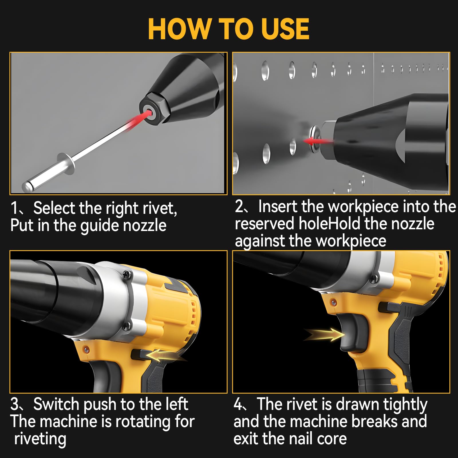 Pistola remachadora inalámbrica compatible con Dewalt batería 18V (sin batería), pistolas de tuerca de remache automáticas eléctricas con 40 remaches para remaches de 1/8 pulgadas, 5/32 pulgadas