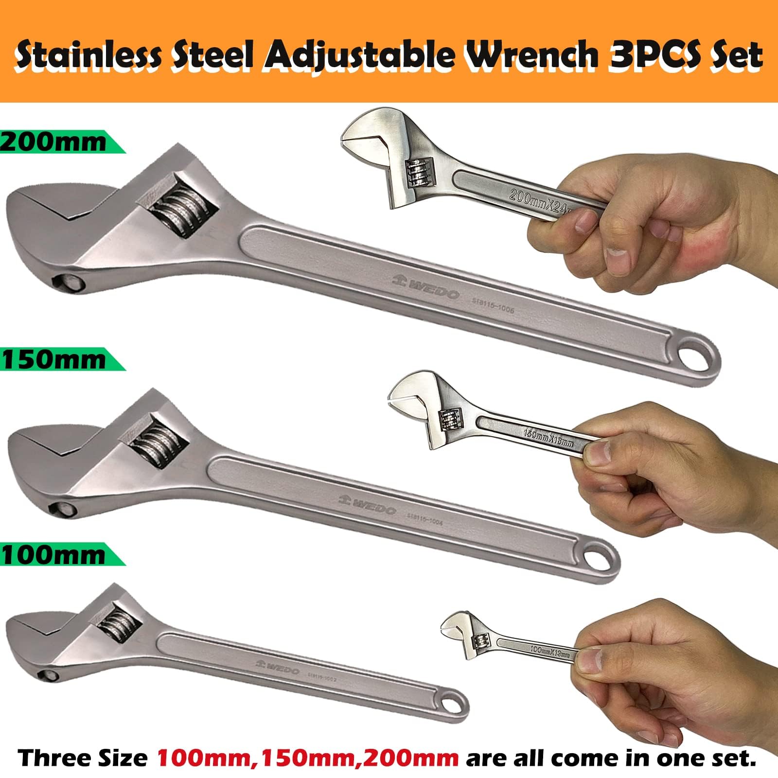 WEDO Set di 3 chiavi inglesi in acciaio inox, chiave regolabile, anticorrosione, standard DIN, resistenti alla ruggine, durevoli (lunghezza 100 mm, 150 mm, 200 mm)