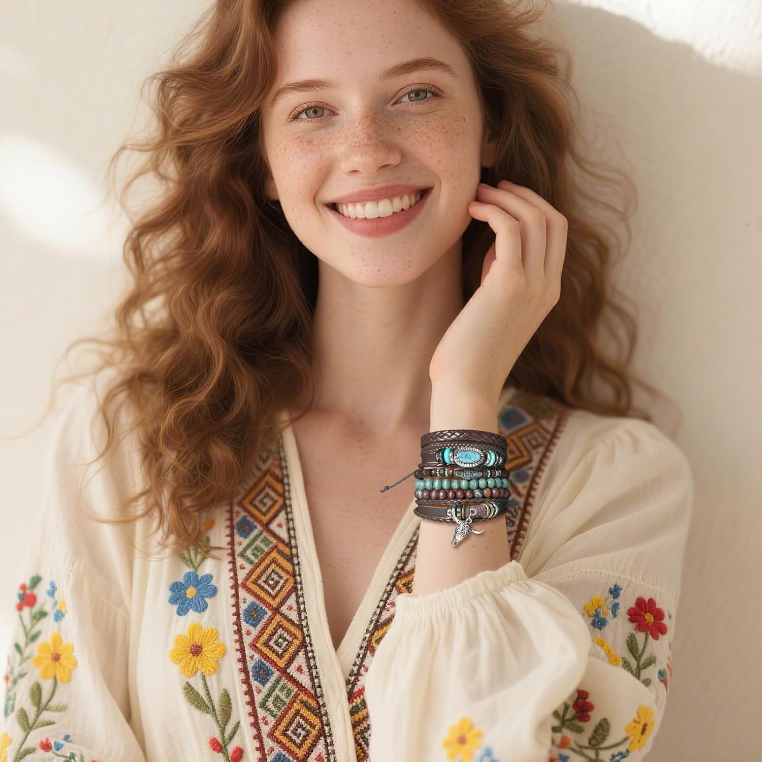 Western Boho Leather Wrap Bracelets for Women Bohemian Vintage Stackable Turquoise Bracelet Rustic Beaded,Multi-Layer Bracelets with Feather Pattern Strong Clasp, Country Concert Jewelry for Women - Image 4