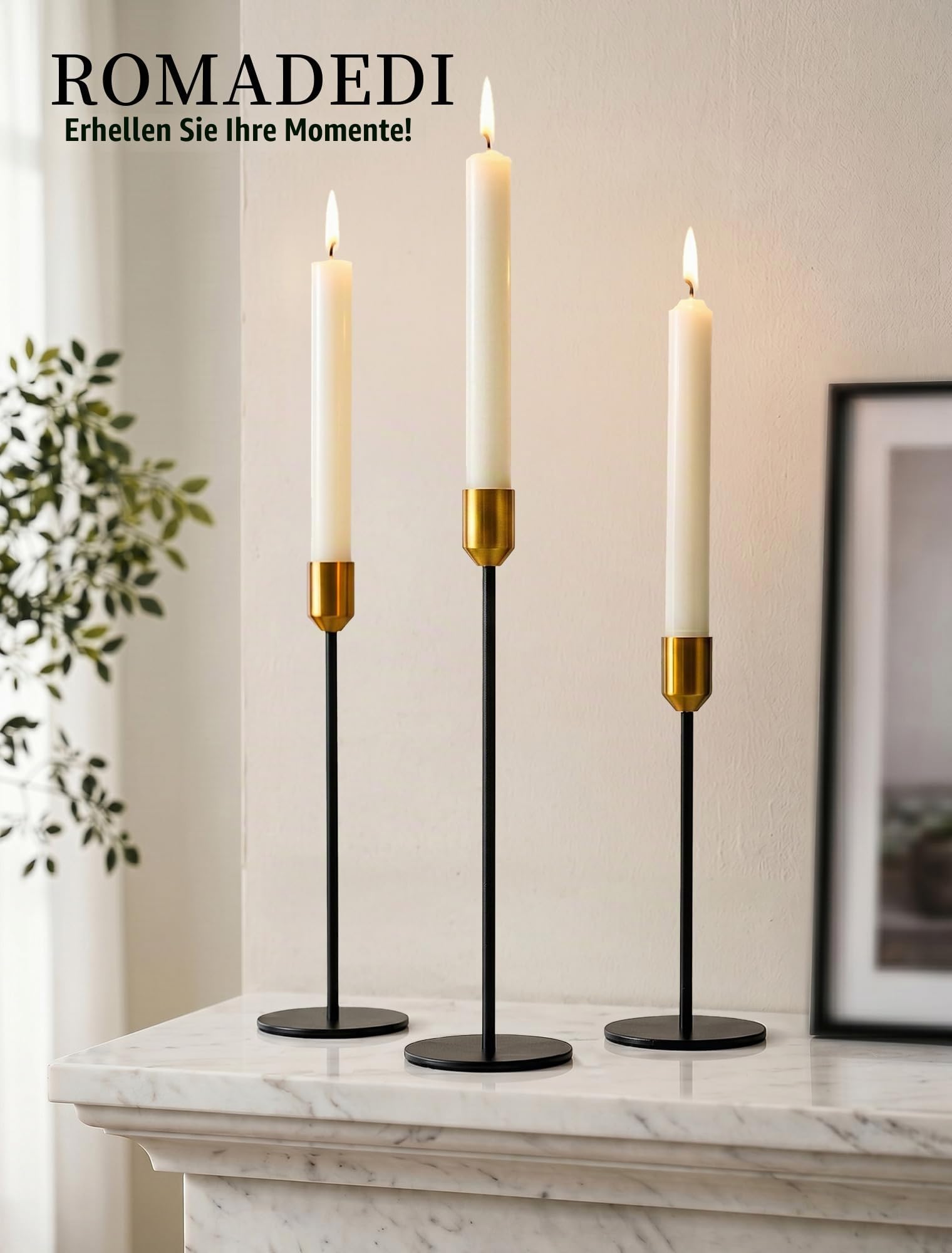 Romadedi Kerzenständer für Stabkerzen, 3er-Set, Gold und Schwarz | Metal Kerzenhalter Modern Drei Höhen: 22, 28 und 32 cm für Weihnachten Esstische, Hochzeiten und festliche Deko