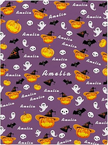 Manta personalizada de Halloween con nombre para bebé, sombrero de bruja de calabaza, murciélagos negros, decoración de manta de forro polar suave,