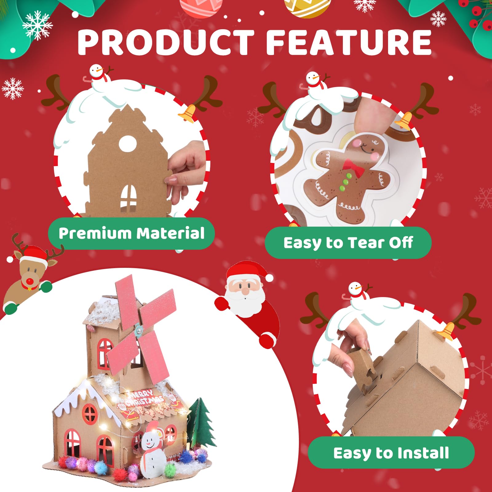 SAYAYA 10 juegos de casa de jengibre de Navidad LED a granel DIY tu propia casa de jengibre de Navidad con pompones, calcomanías, cuerdas de luz, bolígrafos kit de manualidades para Navidad