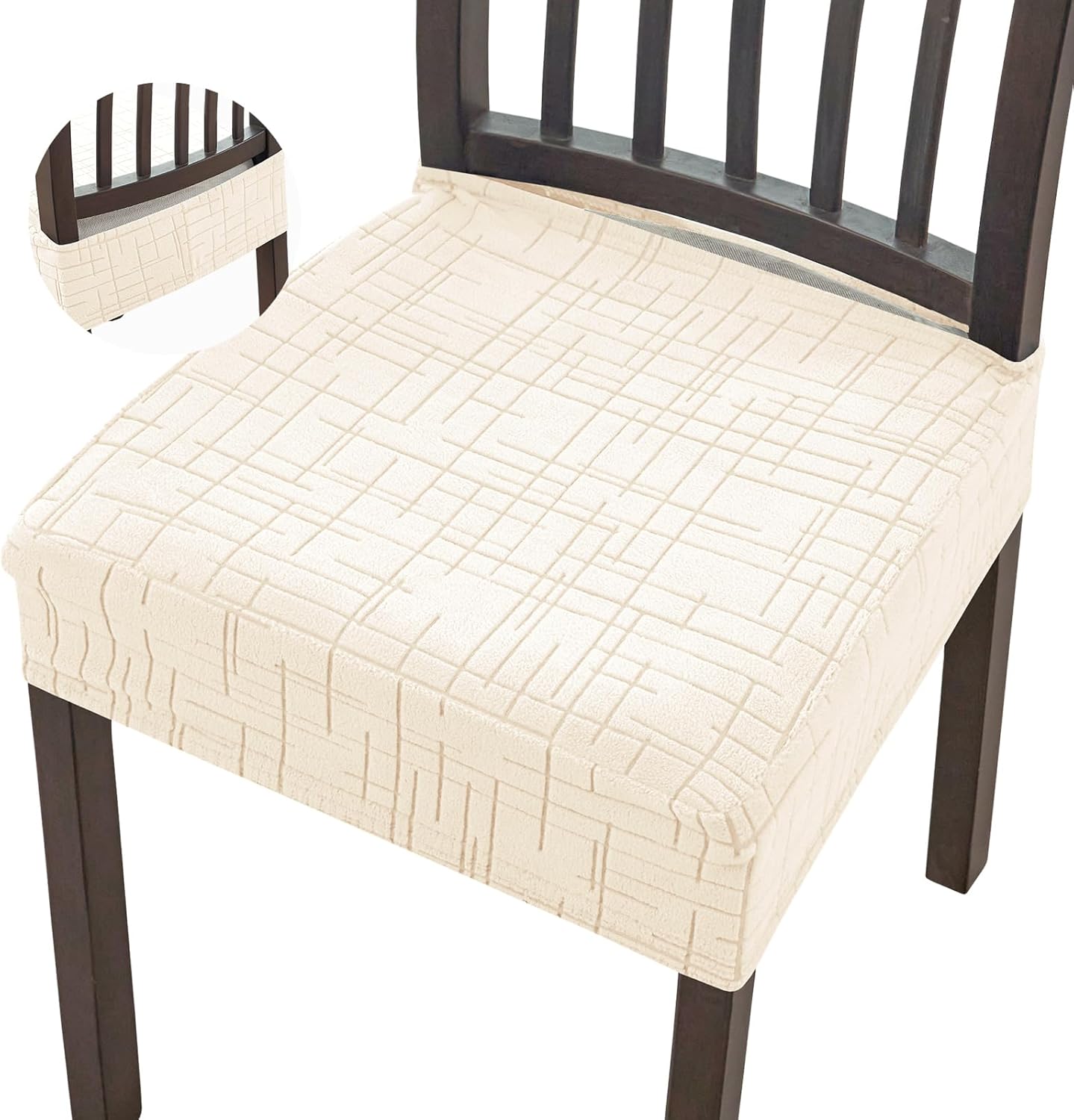 KRFOONN Stretch Seat Covers for Dining Room Chairs Set of 6 Jacquard No Rear Chair Covers Kitchen Chair Cover Removable Washable Chairs Seat Cushion Cover Chair Seat Slipcovers Protector, Beige