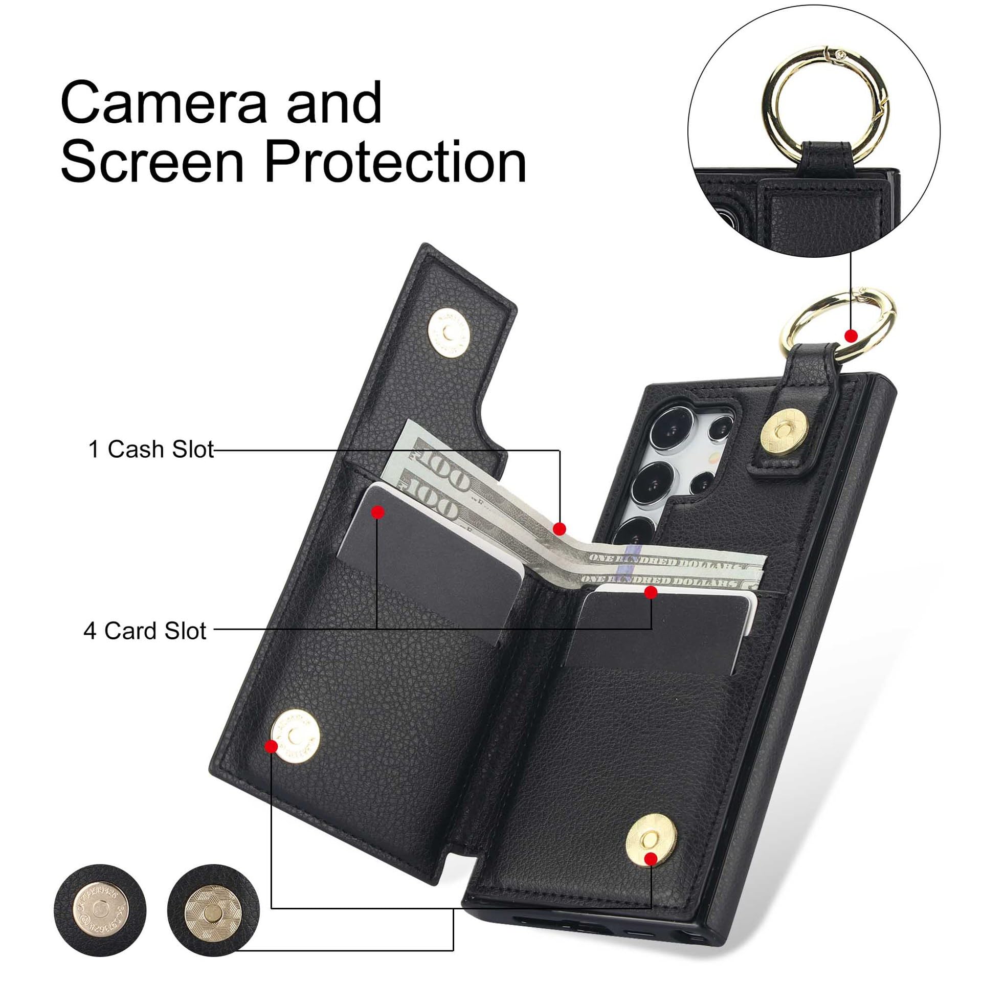 Skórzane etui do Samsung Galaxy S25 Ultra/S25 Plus/S25, faktura liczi gniazdo na kartę wąska osłona pierścień na palec powłoka zapobiegająca upadkowi, czarny, S25