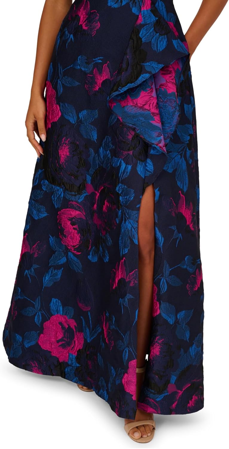 Adrianna Papell One Shoulder Floral Jacquard A Line Gown - Image 5