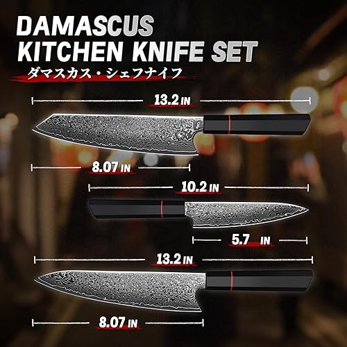 Miniatura 7 de TIVOLI Juego de cuchillos de Damasco de 3 piezas, cuchillo de cocina japonés con VG10, juego de cuchillos de cocina ultra afilados con mango