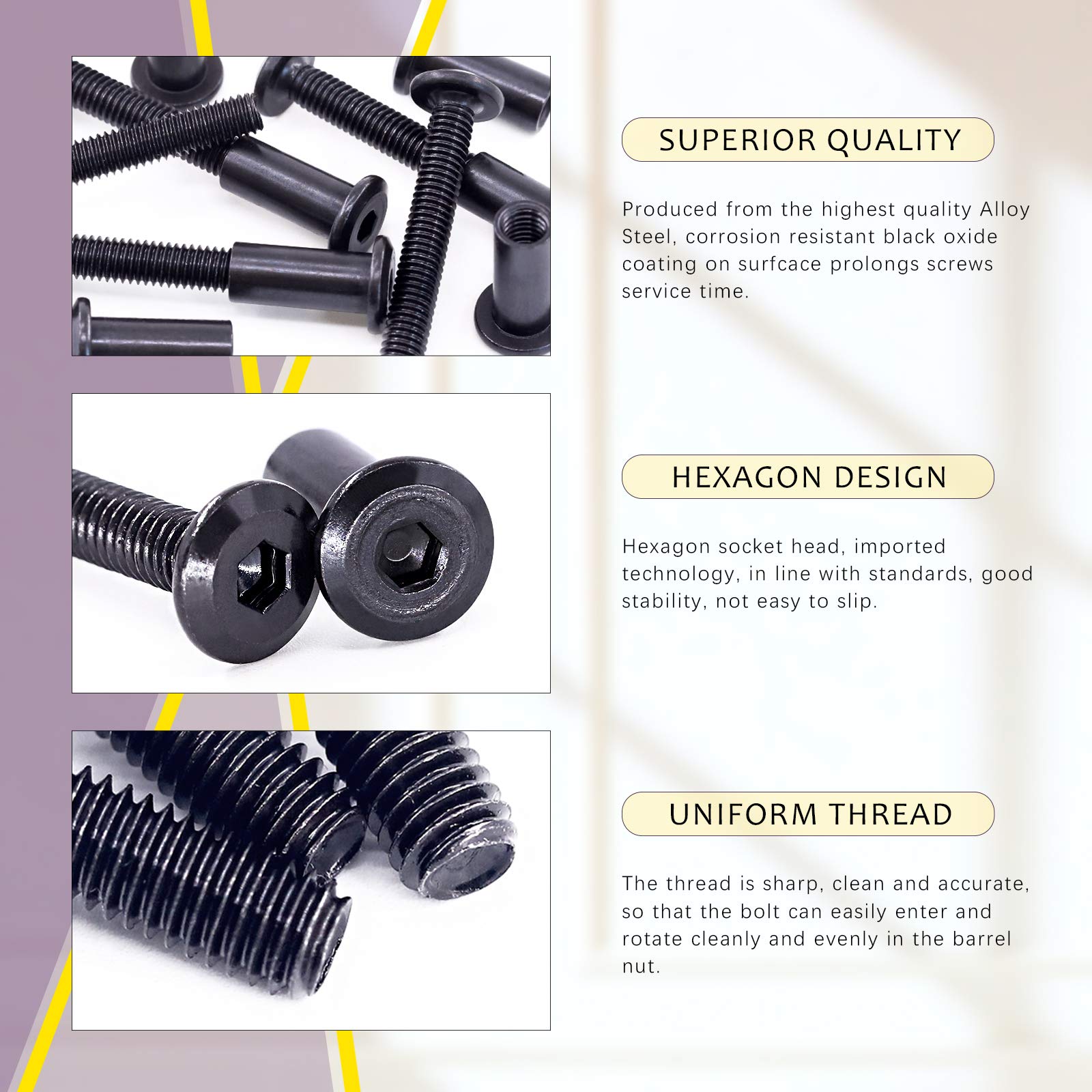 Swpeet 25Pcs M6x50mm Carbon Steel Black Hex Drive Socket Cap Bolts Barrel Nuts Assortment Kit with 1Pcs Allen Wrench - Image 4