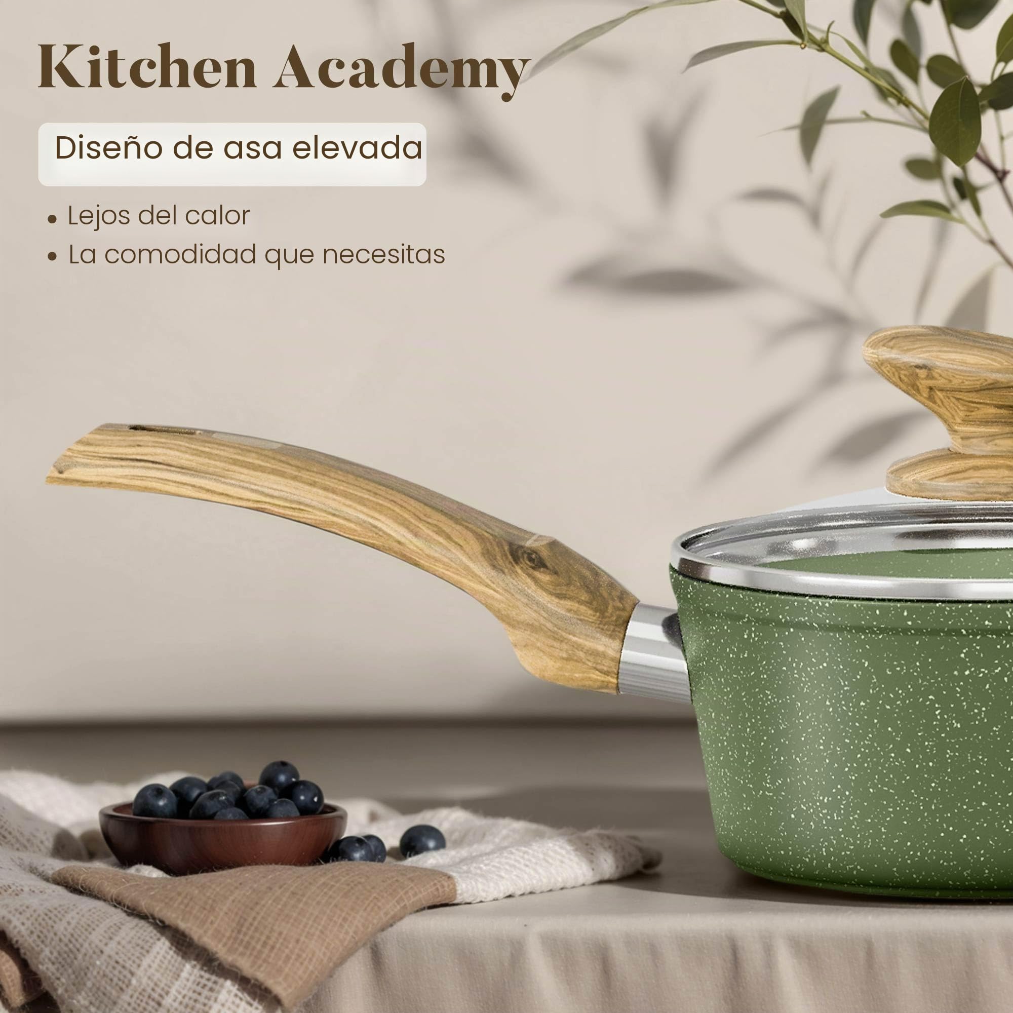 Kitchen Academy Juego de utensilios de cocina antiadherentes de granito, 12 piezas, compatible con inducción, juego de sartenes verdes con sartén y cacerola, sin PFOA