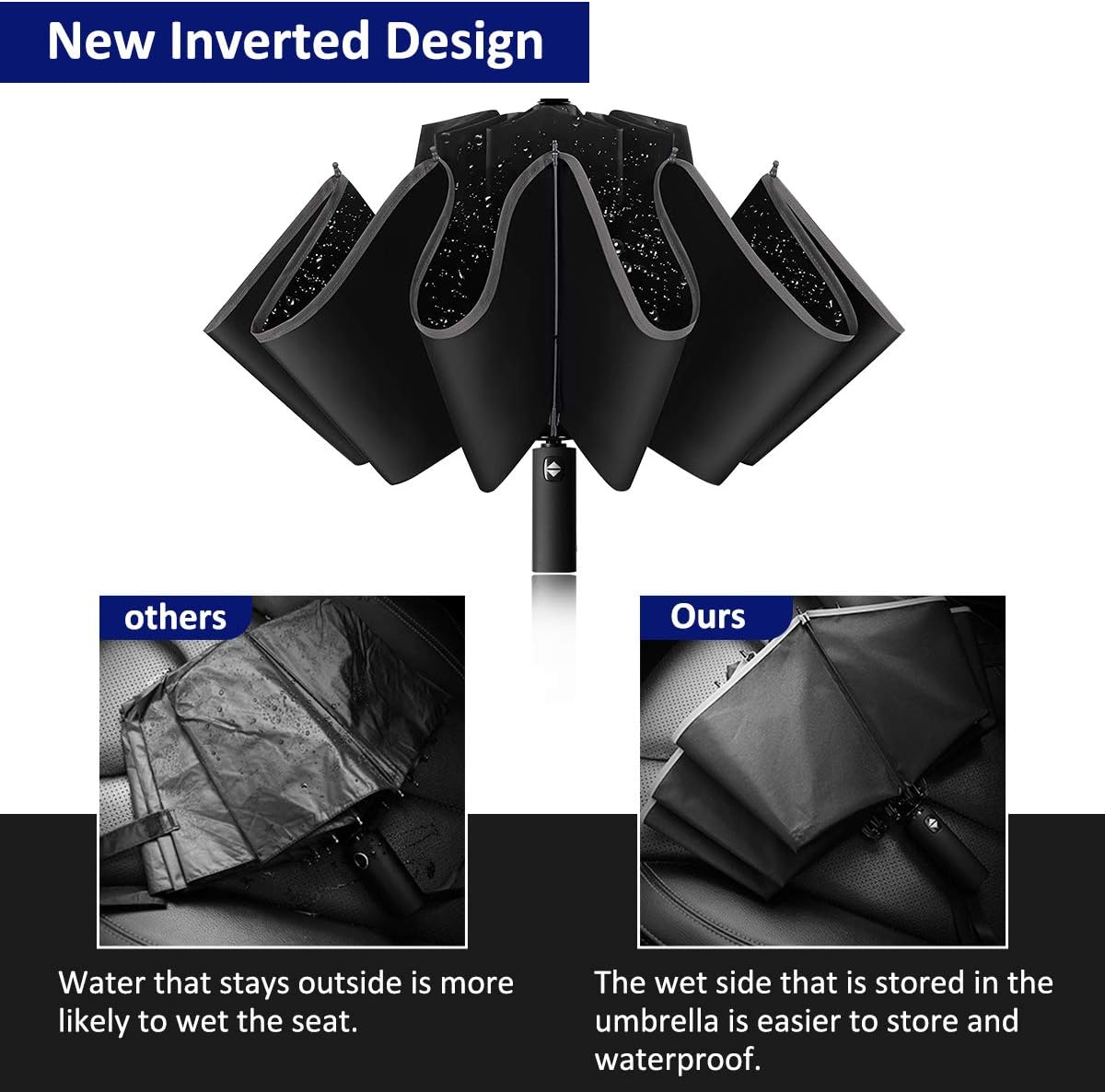 Inverted Umbrella, Yoophane Reverse Umbrella with Reflective Stripe, Windproof Folding Umbrella Compact Travel Umbrella, 10 Ribs Auto Open/Close Upside Down Large Umbrella for Men and Women, Black