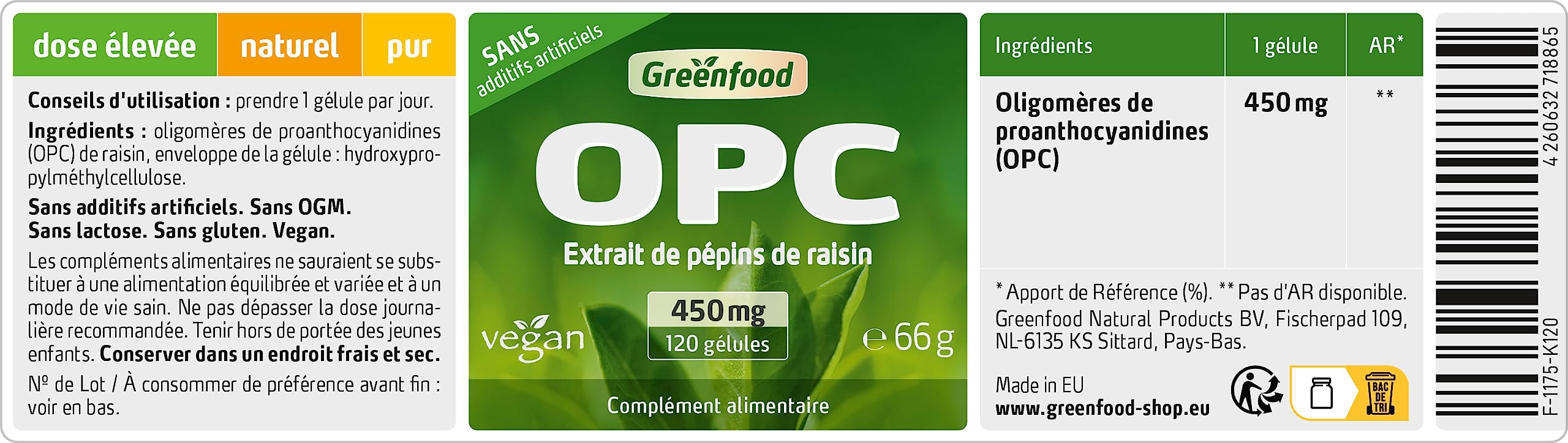 Greenfood OPC, 450 mg, dose élevée, 120 gélules - Sans additifs artificiels. Sans génie génétique. Vegan.