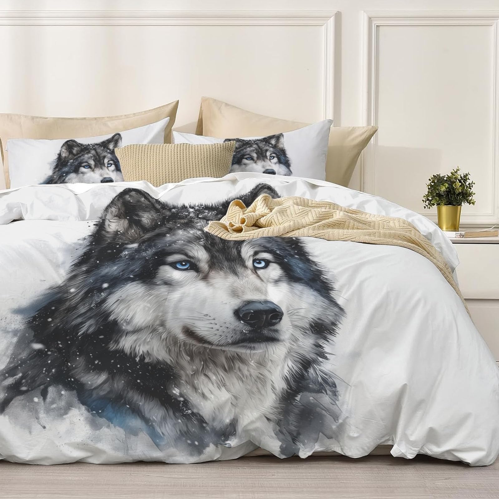 Parure de lit loup sauvage aquarelle 220x240cm housse de couette haut design nature beige