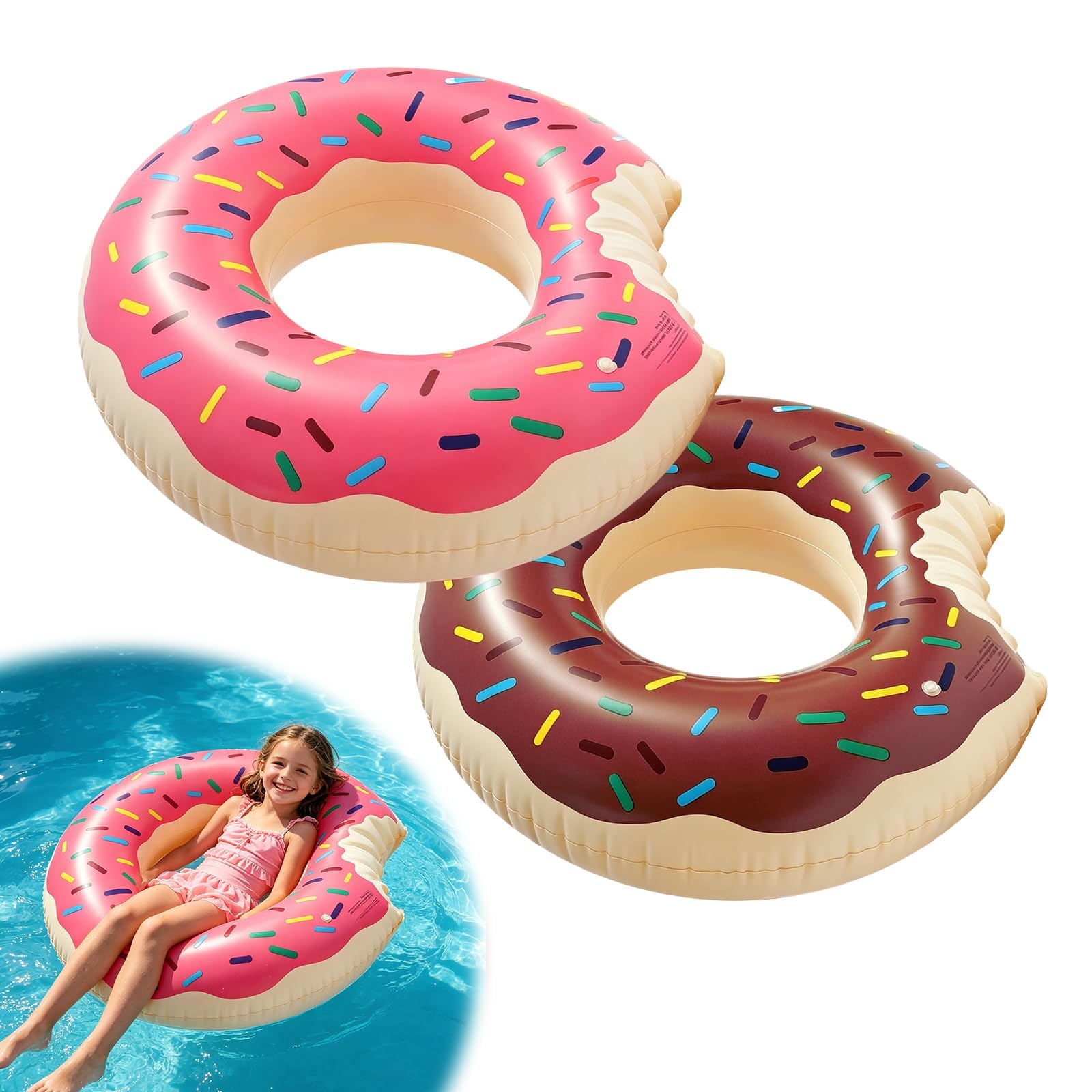 Viilich 2pcs Donut Inflatable Swimming Rings, Pool Float Swim Tubes for Kids Adults, Thickened PVC Rubber Rings for Swimming, Cute Water Swim Toys for Summer Beach Pool Party — image 1