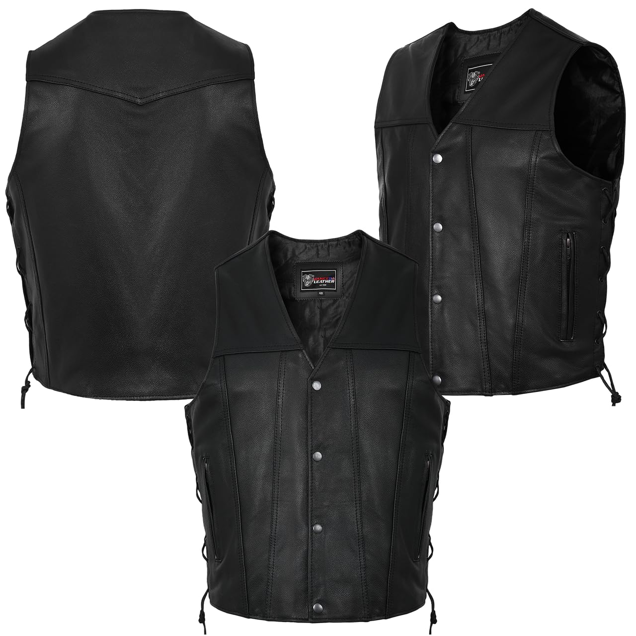 Vance Leather Mens Premium Leather Motorcycle Vest Club Style With Adjustable Laces CCW Pockets Black, X-large