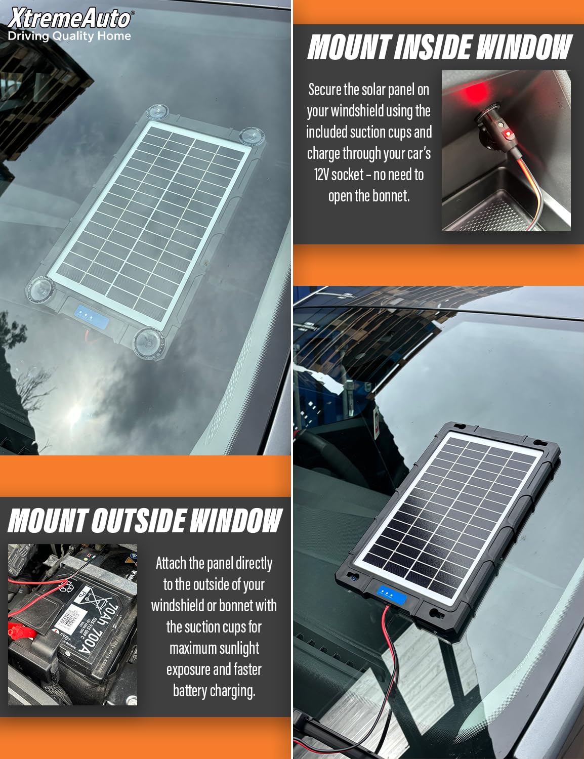 Xtremeauto Cargador y mantenedor de batería solar de 7.5 W, kit de carga de panel solar impermeable de 12 V con celdas de primera calidad, portátil para coche, barco, motocicleta, ATV, RV, tractor