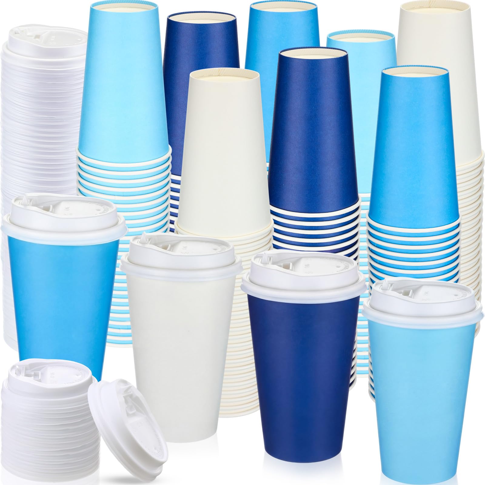 Photo 1 of ***MISSING PARTS. NO LIDS*** Qinyoung 100 Pack 16 oz Blue Disposable Coffee Cups Bulk with Lids Straws Blue and White Paper Coffee Cups for Hot Cold Cocoa Tea Holiday Party Supplies