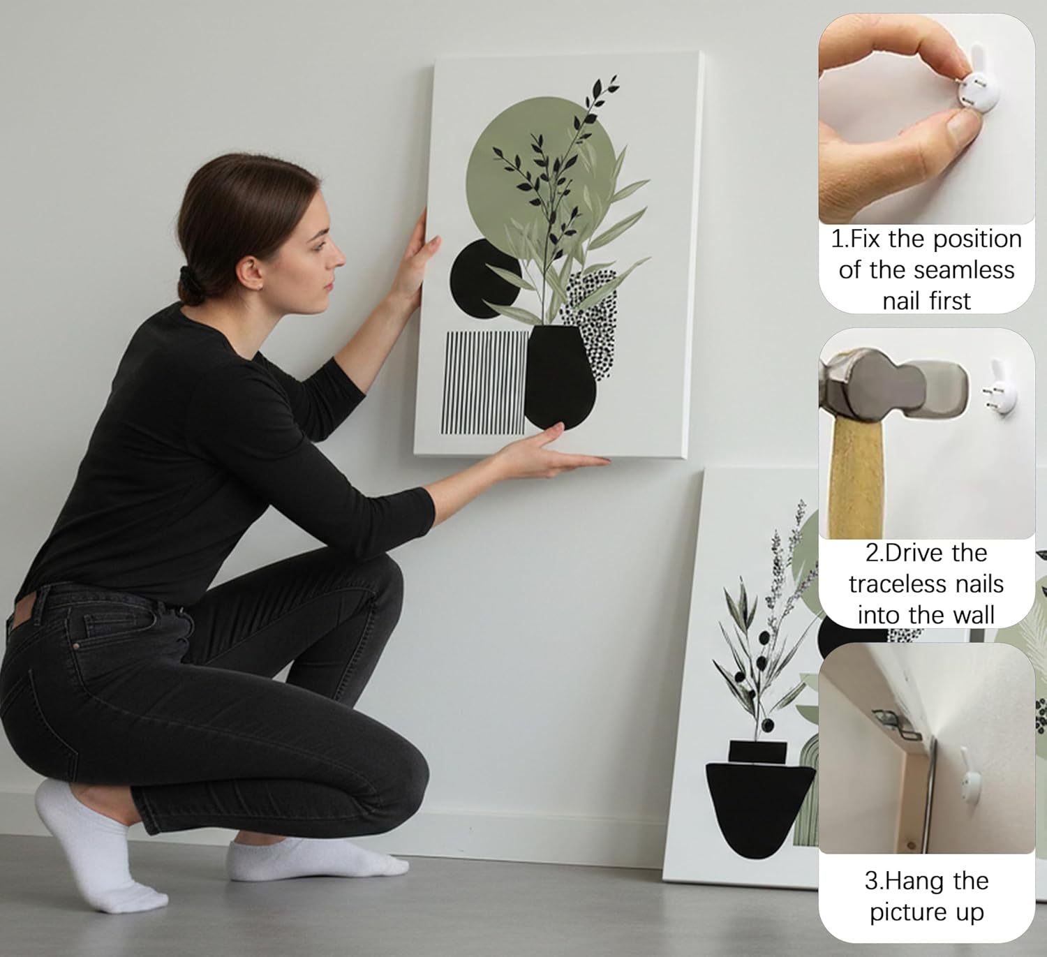 MDHFJEAW 3 Piece Sage Green Boho Canvas Wall Art - Modern Abstract Botanical Leaf Painting with Geometric Lines, Minimalist Green Wall Decor for Living Room, Bedroom, Office, 16x24 Inch