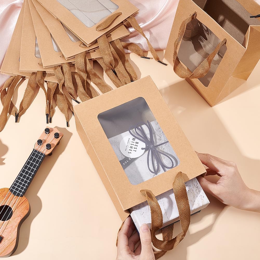 NBEADS 12 Pcs Kraft Paper Gift Bags With Clear Window, 7.9x5.9x4.1inch Tote With Handles for Shopping, Birthday, Bridal Shower, Festival Party - Brown, Camel