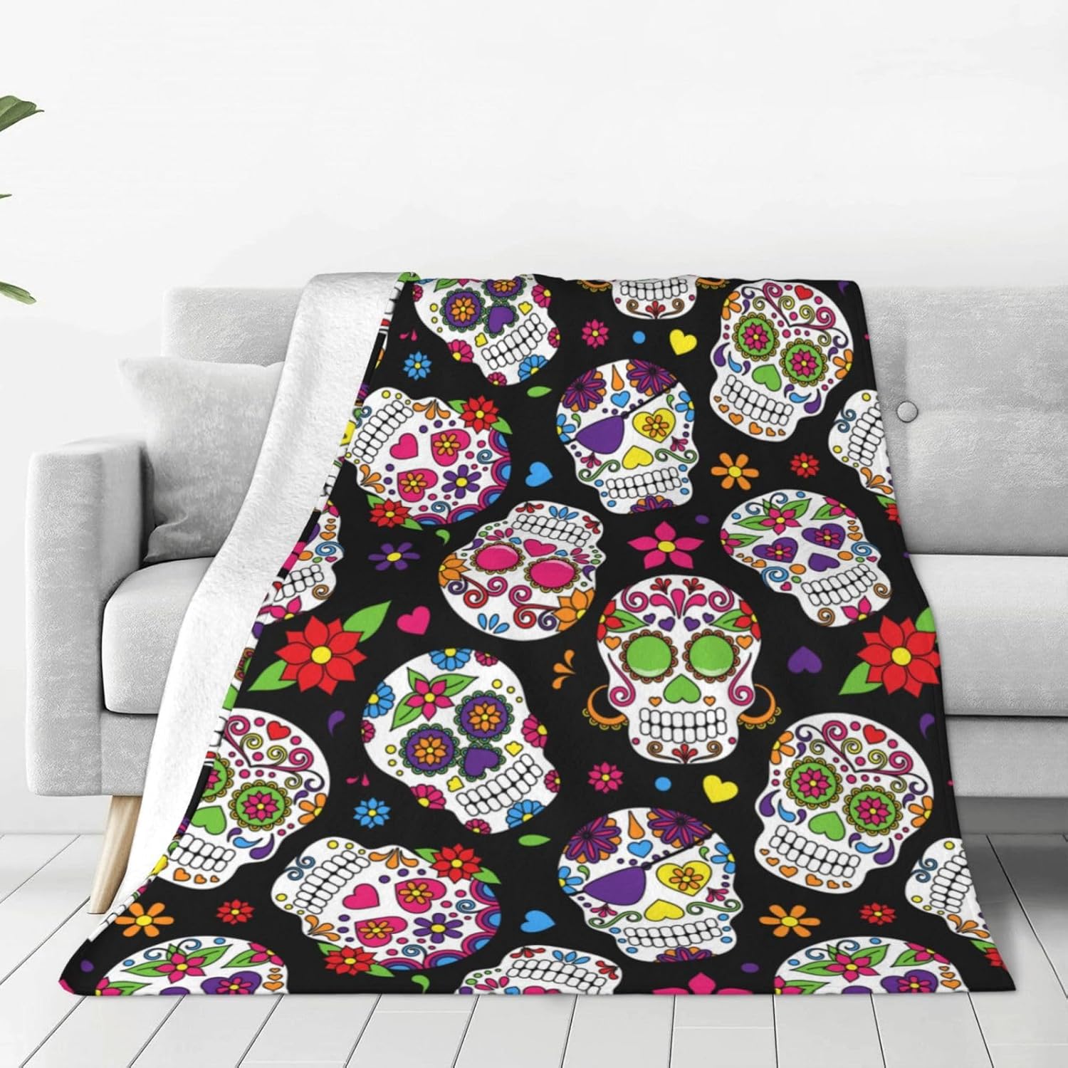 BLUBLU Day of The Dead Sugar Skull Flannel Fleece Bed Blanket Throw Blanket Lightweight Cozy Plush Blanket for Bedroom Living Rooms Sofa Couch 60"x50"