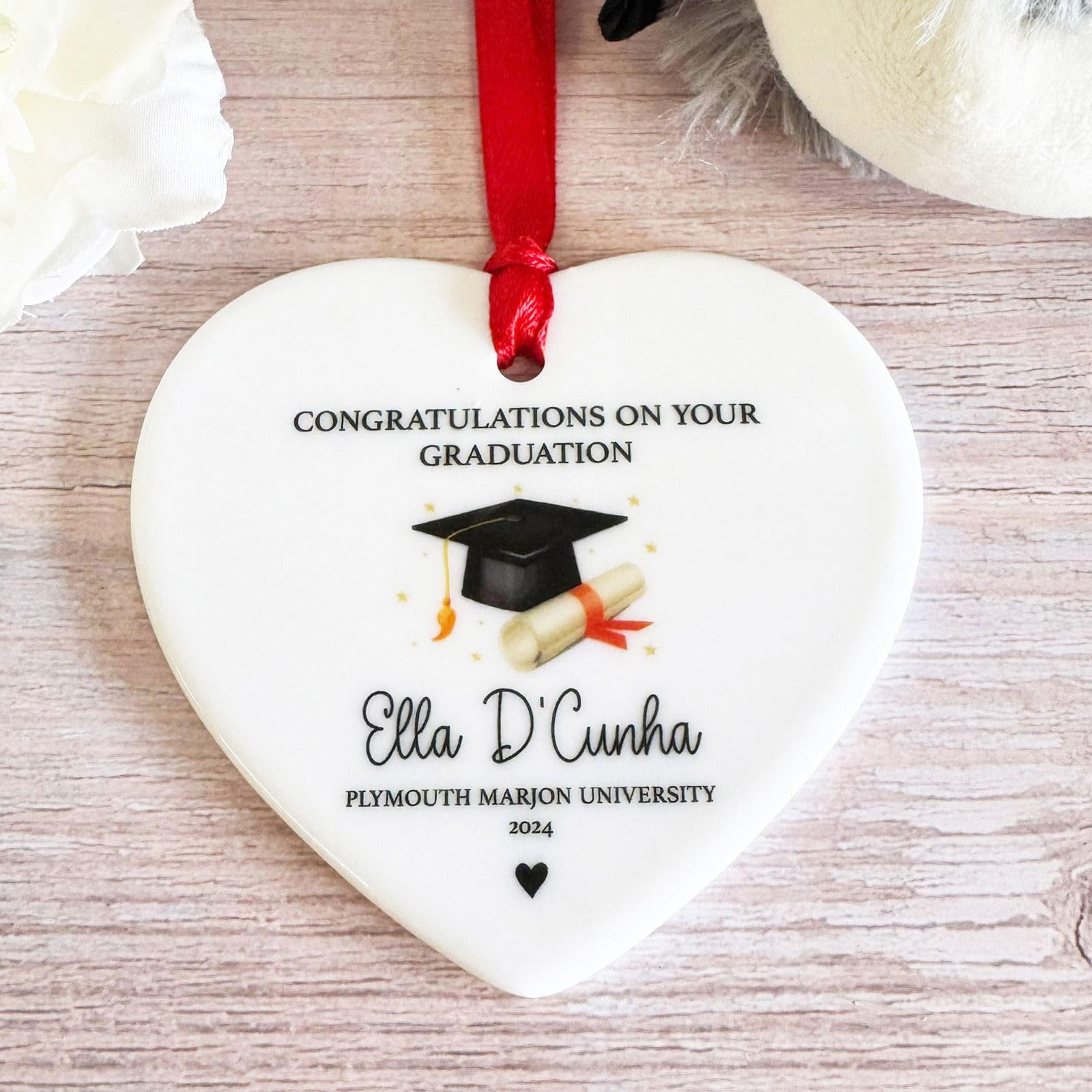 Luck And Luck White Personalised Graduate Gift, Graduate Porcelain Heart, College University Friends Gift, Graduation Bauble, Ceramic Graduation Keepsake Tag
