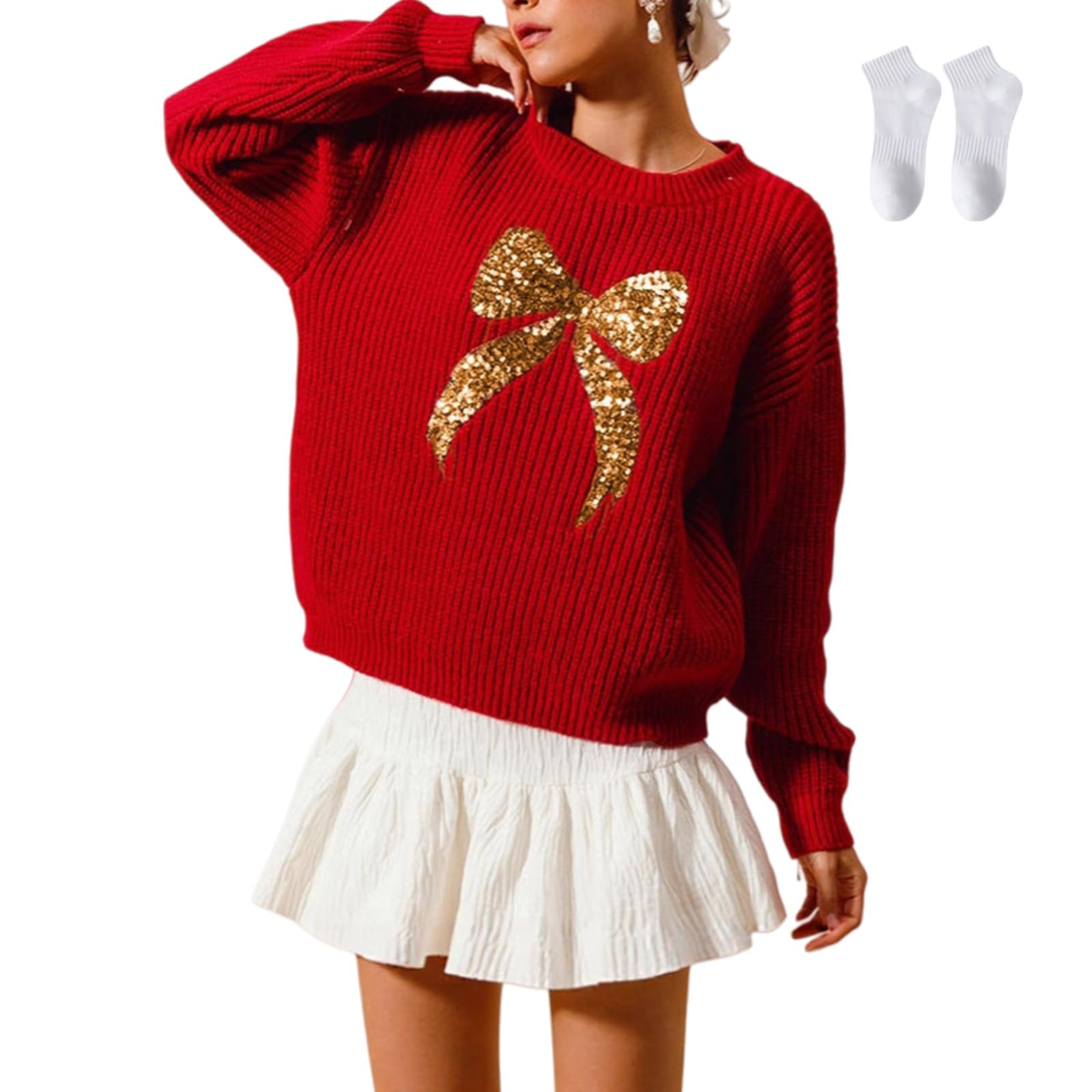 Sequin Red Bow Sweater Long Sleeve Crewneck Drop Shoulder Oversized Chunky Knit Christmas Tops