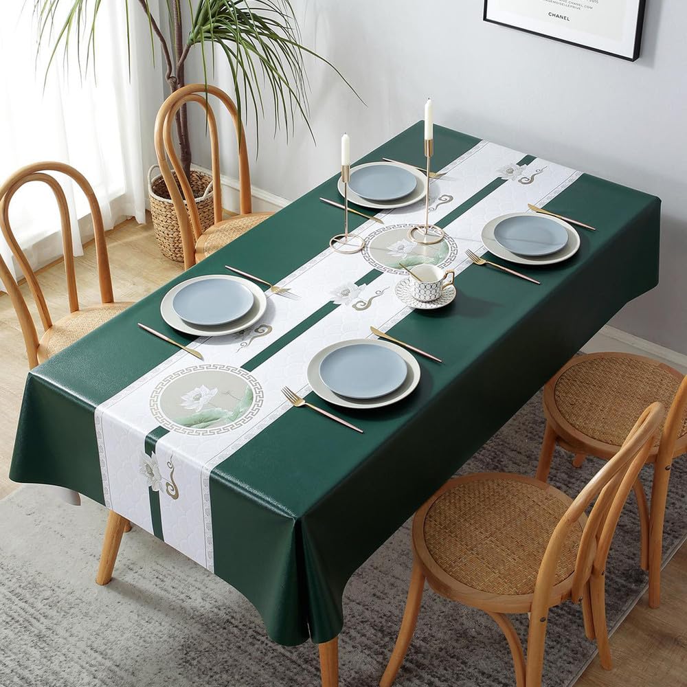 1PC Lotus Style PVC impermeabile antiolio resistente alla trazione non lavabile tovaglietta multi formato tovaglia stampata, verde scuro e bianco, 140,240 cm