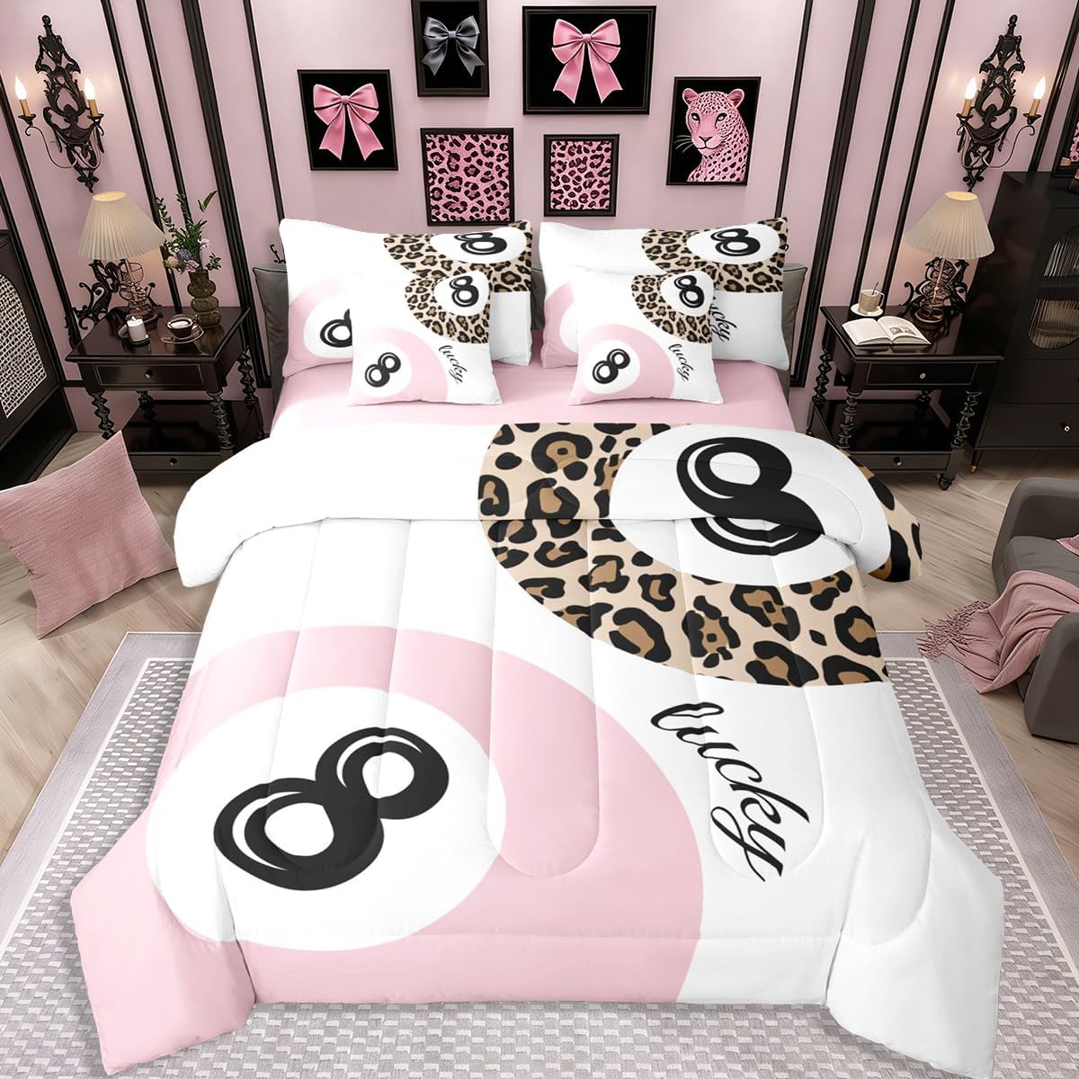 Funky Lucky 8 Ball Comforter Set 7 Piece Bed In A Bag Full,Boys Girls Preppy Leopard Print Bedding Sets,Lucky 8 Ball Cheetah Comforter and Sheets Y2K Trendy Preppy Bed Set Room Decor Aesthetic