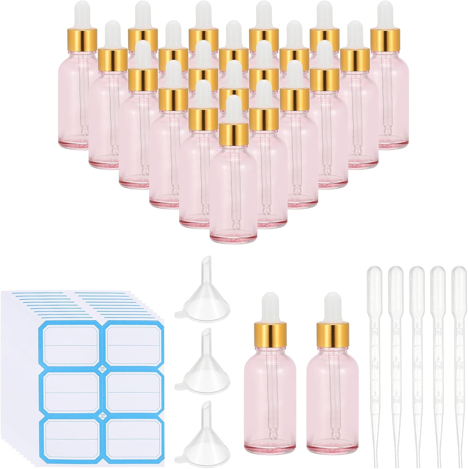 PATIKIL 30ml Glass Dropper Bottle, 50Pcs Leakproof Eye Dropper Essential Oils Sample Liquid Perfume Container with Pipette Funnel Label for Storage Home Travel, Pink Gold