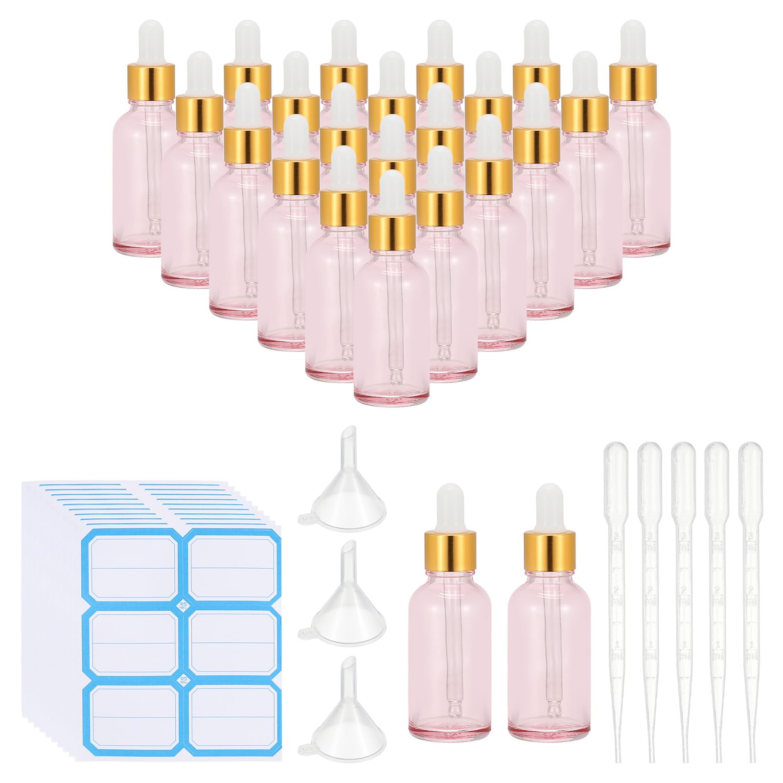 PATIKIL 30ml Glas Pipettenflasche 50Stück Dichte Augentropfer Ätherische Öle testen Flüssigkeit Parfüm Behälter Mit Pipette Trichter Etikett Für Aufbewahrung Zuhause Reisen Rosa Gold