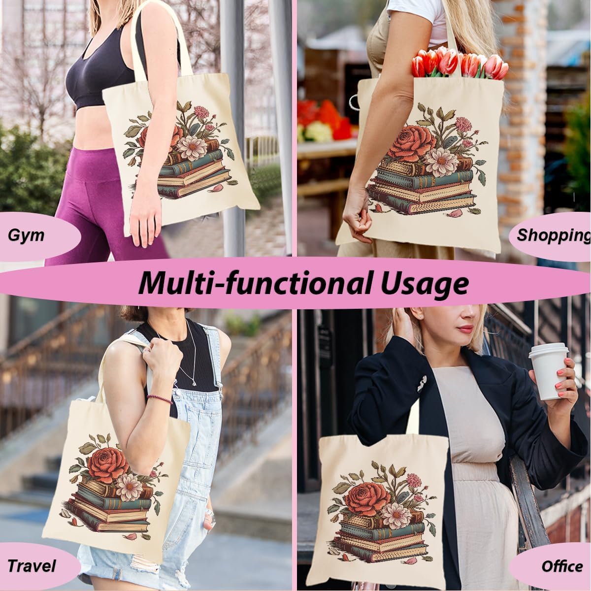 jeilink Cute Aesthetic Canvas Tote Bag Book Lovers Gifts for Women Book Lovers Teacher Reusable for Birthday Christmas - Image 5