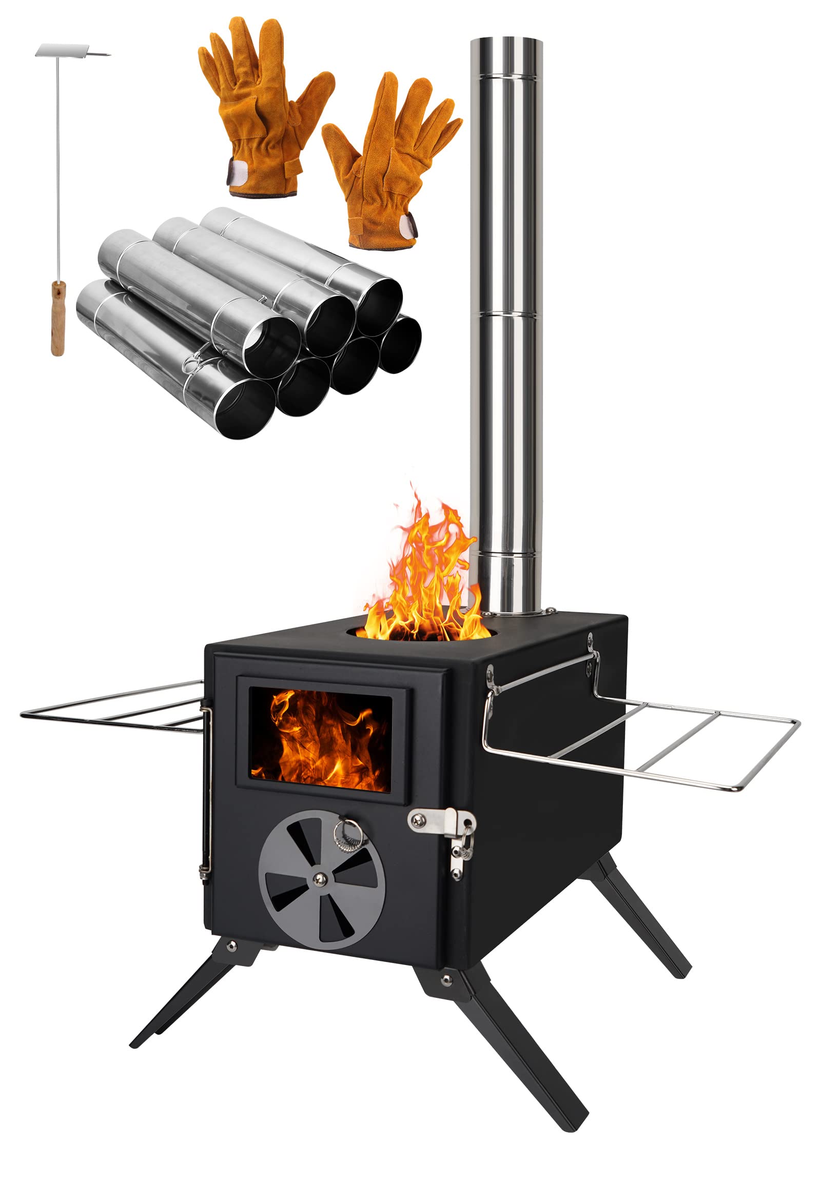 LAMA Camping Stove for Hot Tents, Carbon Steel Wood Burning Stove with Stainless Wall Chimney Pipes for Tents, Shelter, Outdoor Portable Stove for Camping and Cooking