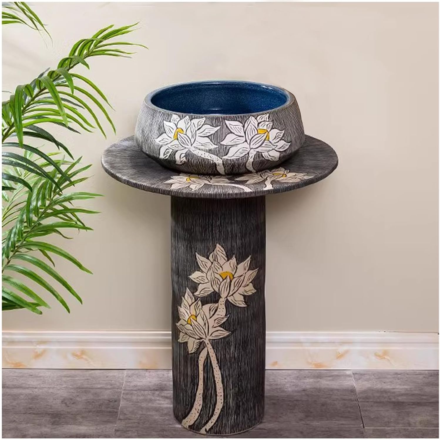 Luxury Pedestal Sinks, Pedestal Bathroom Sinks with Base, Modern Ceramic Standing Bathroom Basin Sink with Full Pedestal and One Tap Hole Round Freestanding Sink,A,Without Faucet