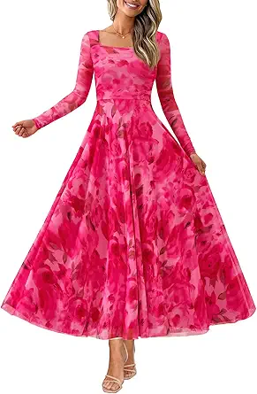 BTFBM Women Maxi Dress Fall 2025 Fashion Elegant Long Sleeve Square Neck Floral Print Party Club Wedding Guest Dresses
