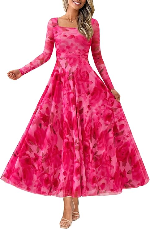BTFBM Women Maxi Dress Fall 2025 Fashion Elegant Long Sleeve Square Neck Floral Print Party Club Wedding Guest Dresses
