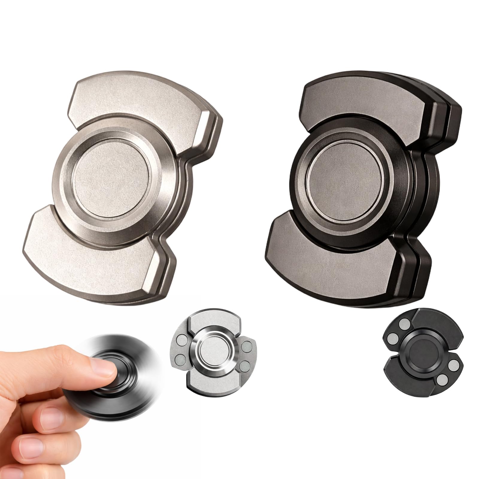 JcunYcb Fidget Spinner, 2 Pcs 3 in 1 Silent Fidget Toy for Adults, Stress Relief and Focus Improvement Tool, Office and Classroom Use, Black and Silver Design