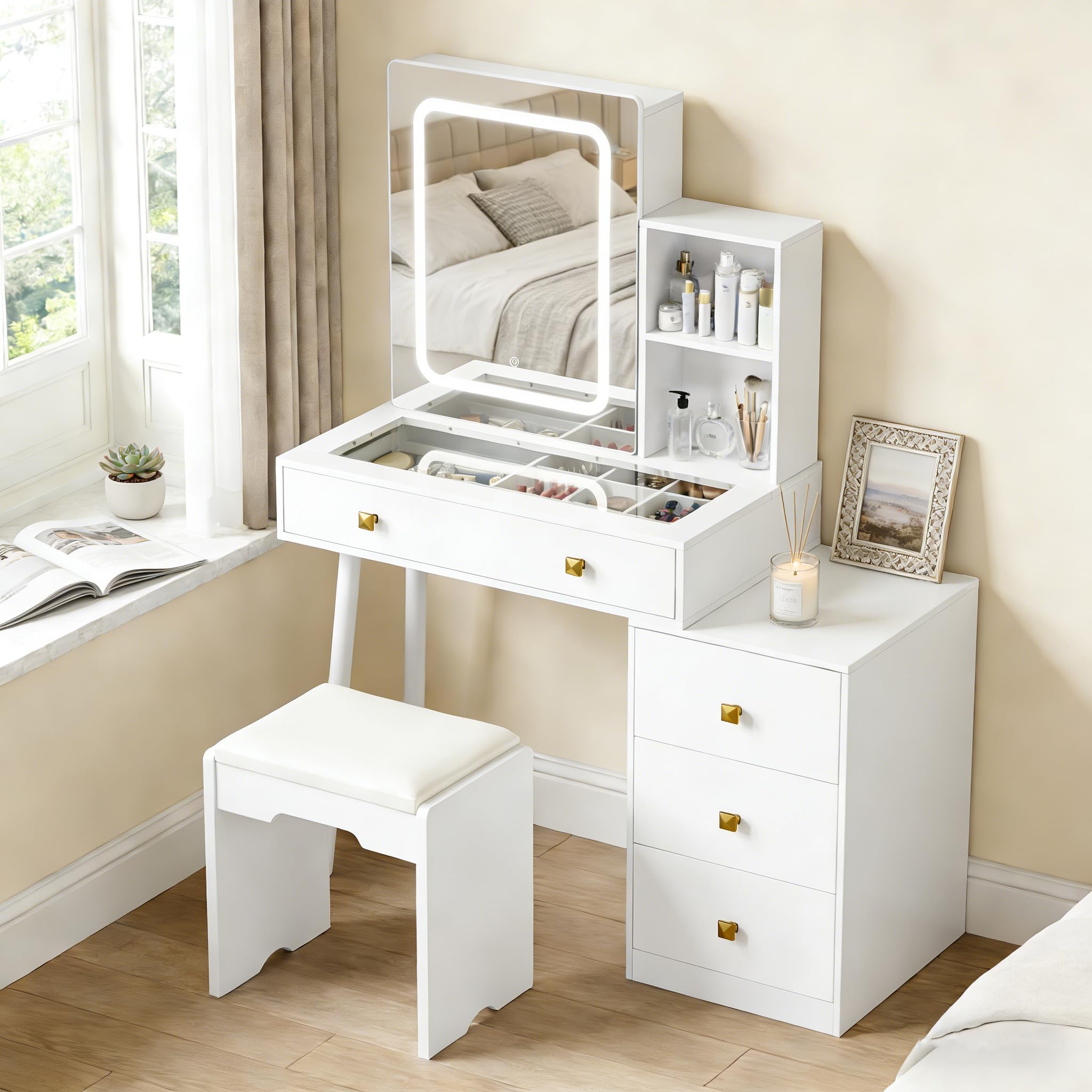 KAMABOKO Vanity Desk with LED Lights Mirror & Power Outlet, Small Makeup Vanity Table Set with 3 LED Lights Modes Adjustable Brightness,Dressing Table