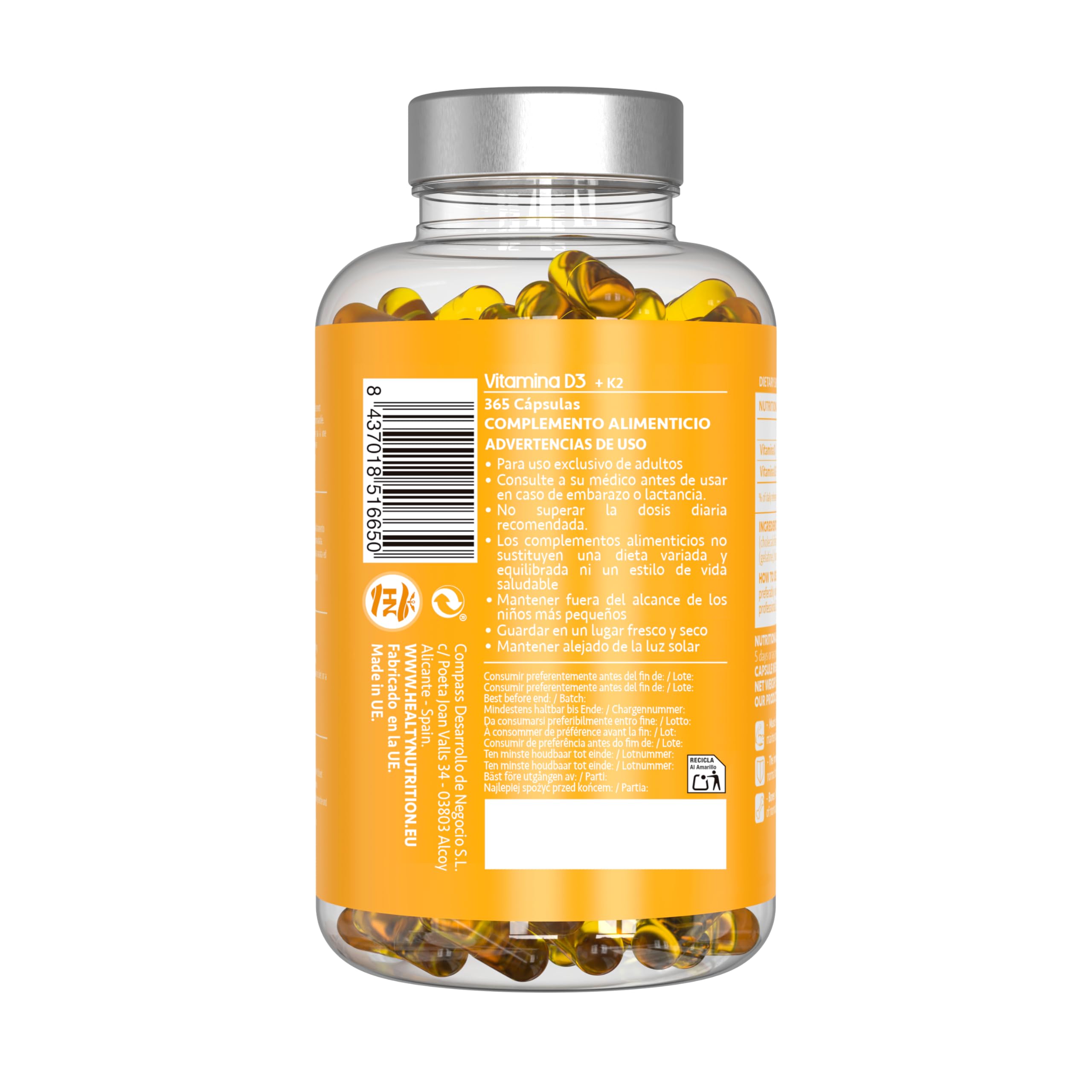 Vitamina D - 365 Cápsulas de vitamina D3 K2 – Vitamina D (4000 UI) altamente concentrada. Favorece la función inmunológica y ósea - 365 cápsulas