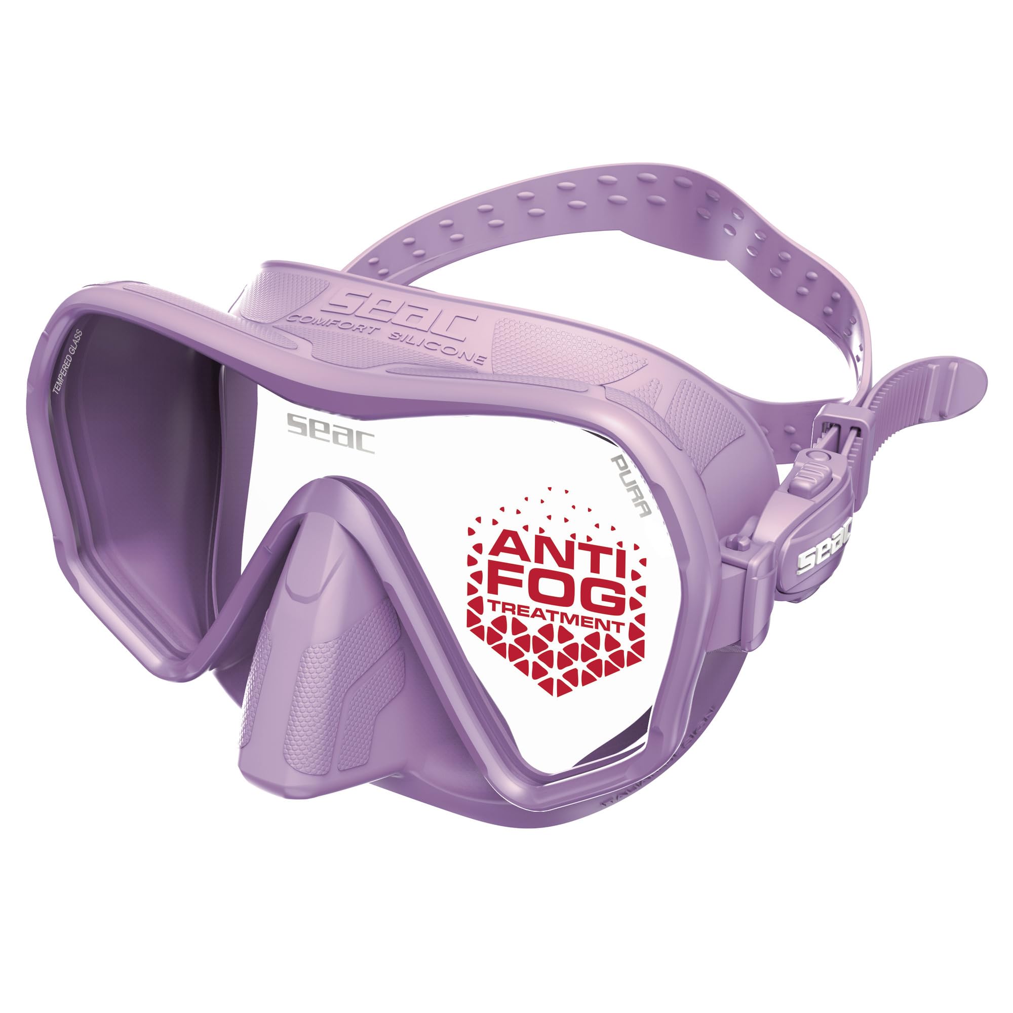 SEAC Pura – Frameless Single-Lens Silicone Diving Mask | Antifog Low Volume Mask for Diving and Snorkeling with 3D Buckle, Lilac