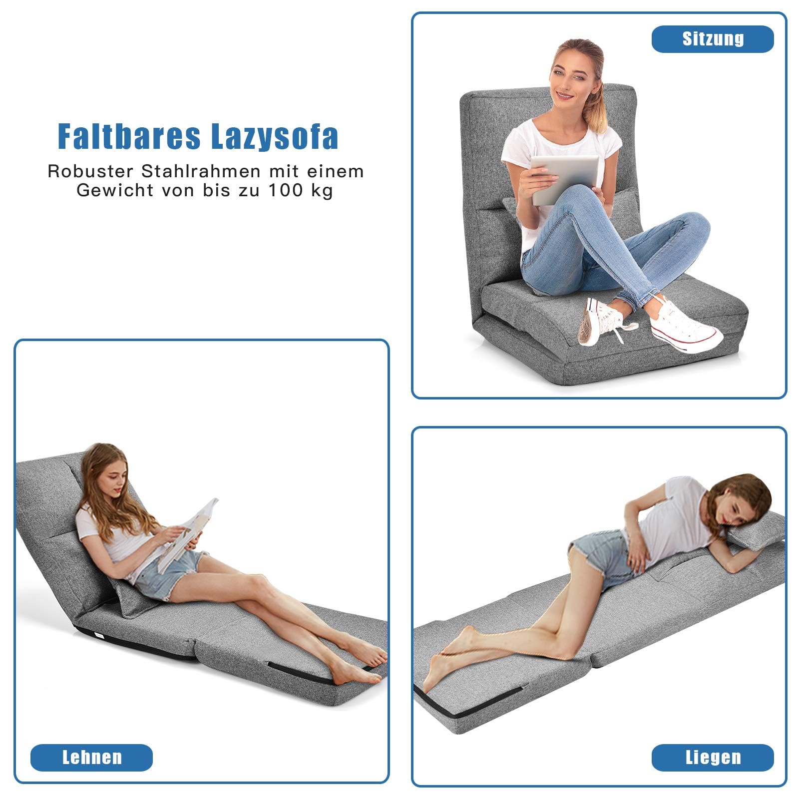 RELAX4LIFE Bodensessel klappbar, Bodenstuhl mit 5 verstellbaren Rückenlehne, Bodensofa mit Kissen, Liegesofa, Liegesessel für Schlafen Lesen Meditation, Sitzkissen für Wohnzimmer (Grau)