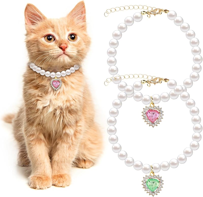Coleira de Pérolas Ajustável para Gatos e Cães Pequenos Tyqour com Pingente de Coração, Rosa e Verde, Pacote com 2