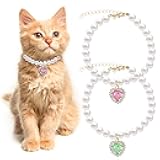 2PCS Kitten Collars Pearl Cat Dog Collar with Small Heart Shape Rhinestone, Cat Collars for Girl Cats, Adjustable Dog Pearl Necklace Collar for Small Dogs and Cats, Pink + Green