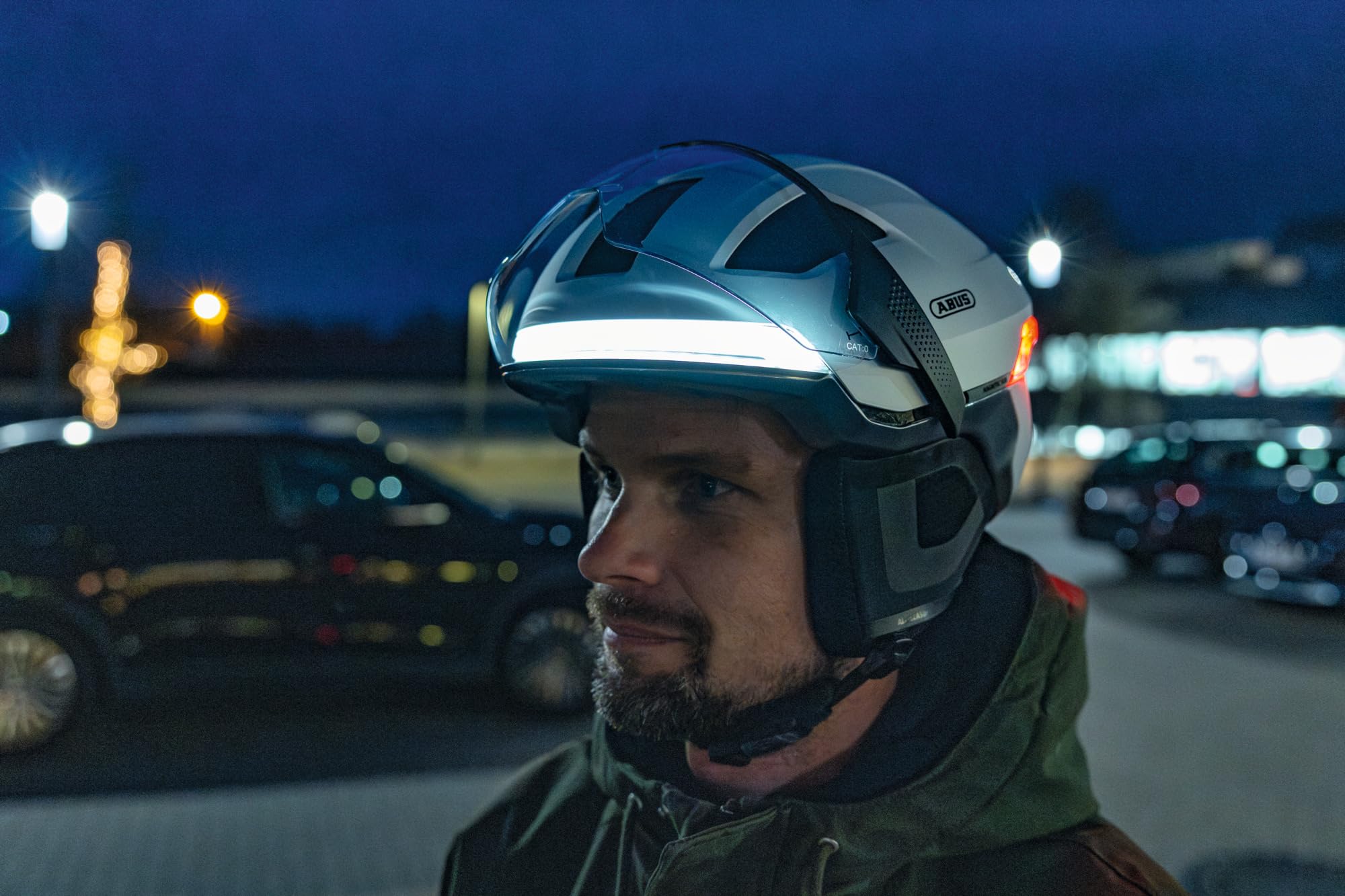 ABUS HYP-E Ace Bike Helmet - with Front Light, Rear Light and Indicator Light - with Visor and Earmuffs - Also Suitable for e-Bikes and S-Pedelecs - for Men and Women - Size S, Silver