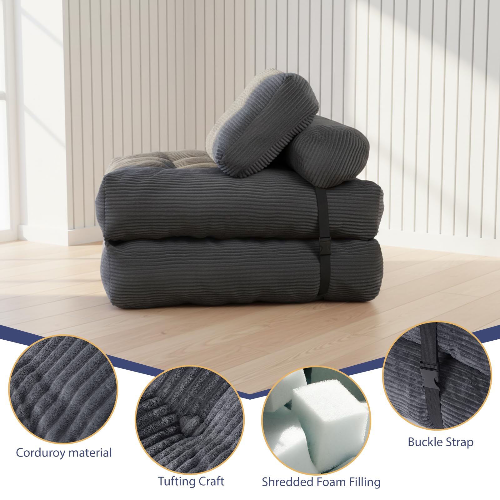 Canapé-lit Pliable et Convertible avec Oreiller, Matelas avec Support Dorsal, Fauteuil-lit Portable et Confortable pour Salon, Chambre à Coucher (Gris)