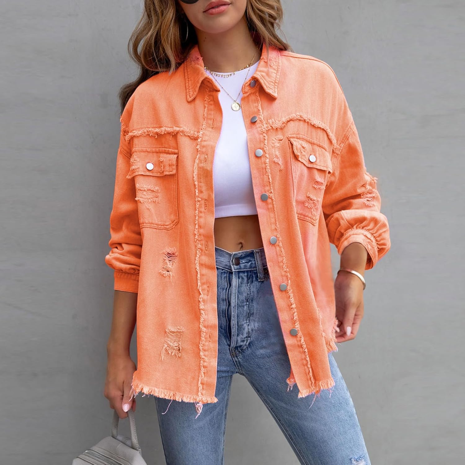 Women's Oversized Distressed Denim Shirt Long Sleeve Jean Button Down Shirt Top Y2k Trendy Spring Fall Casual Shacket - Image 2