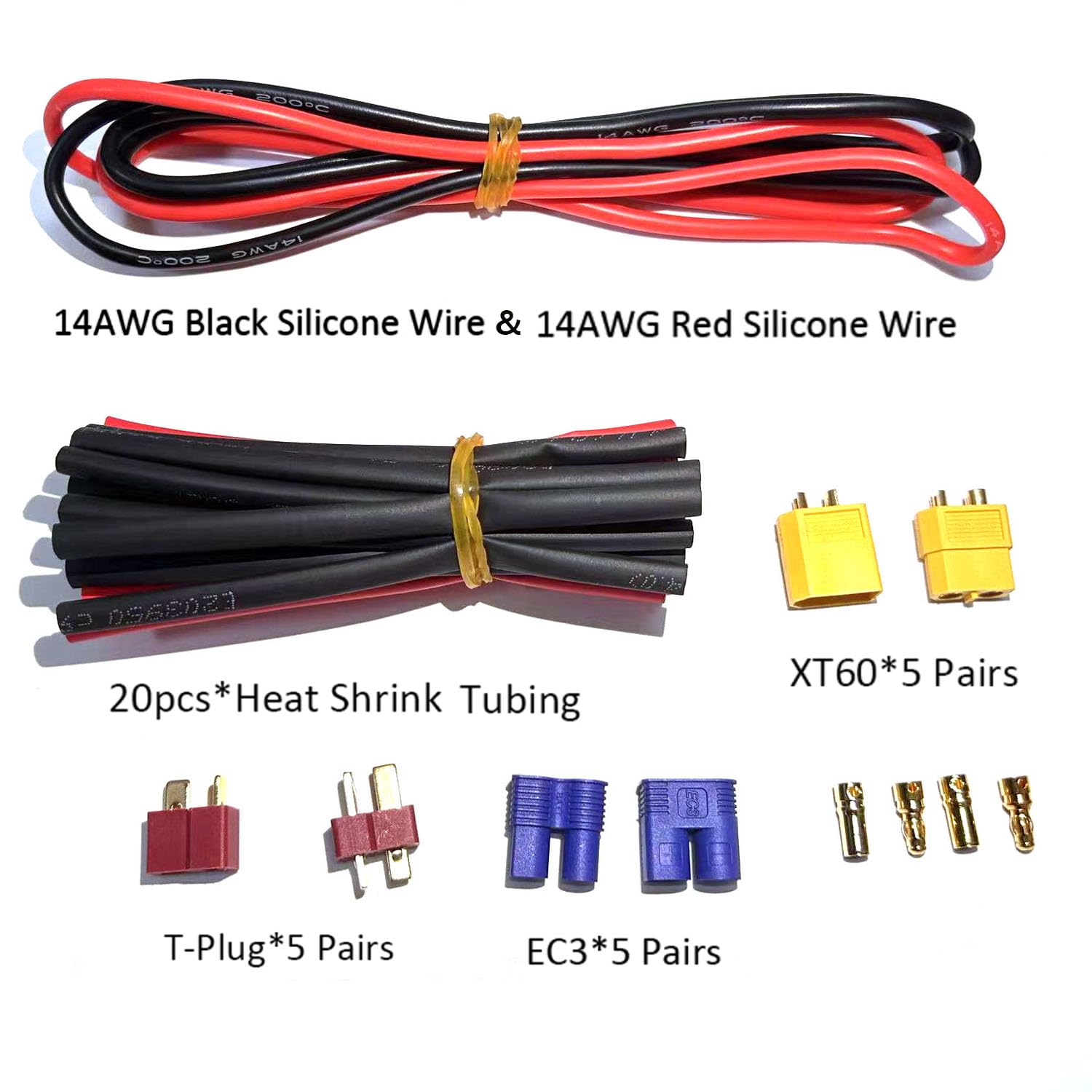Hobbymall XT60 EC3 Deans T-Plug Male Female Connector Adapters+14AWG Silicone Wire+Heat Shrink Tubes for RC ESC Motor Lipo Battery
