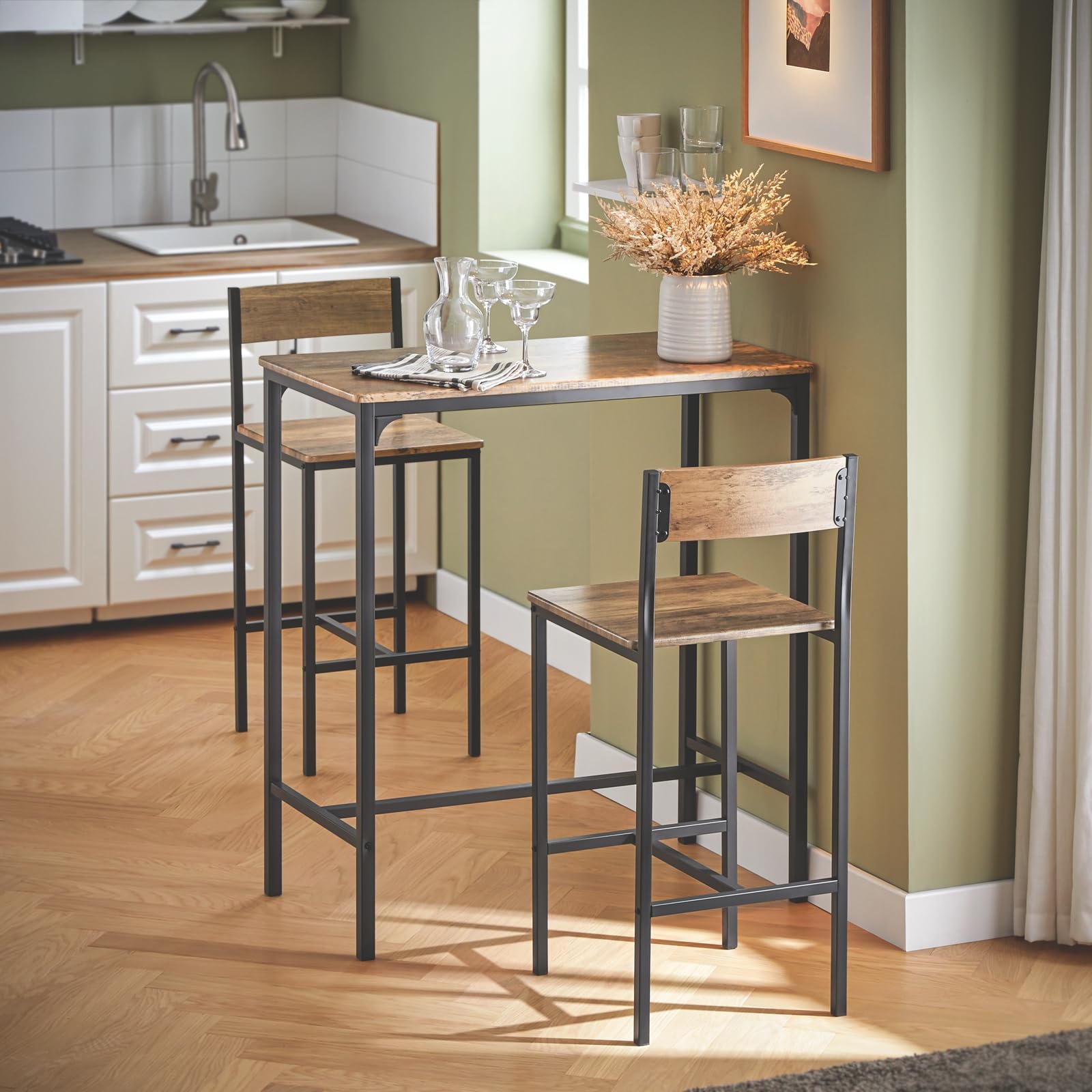 SoBuy Conjunto Mesa Alta de Cocina con 2 taburetes Altos – Mesa Barra Cocina 100 cm Altura – Ahorra Espacio para Comedor pequeño o balcón – Estilo Industrial Madera y Metal OGT03-XL