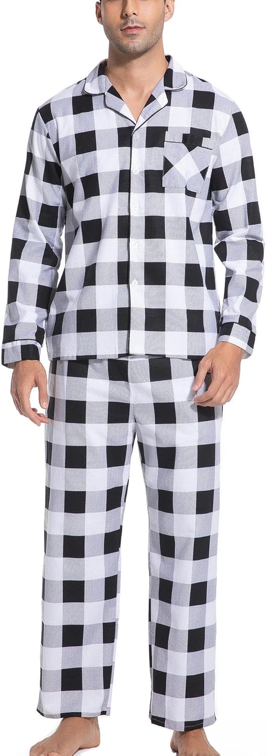 ENJOYNIGHT Mens 100% Cotton Flannel Pajamas Set Plaid Button Pjs Long Sleeve Sleepwear