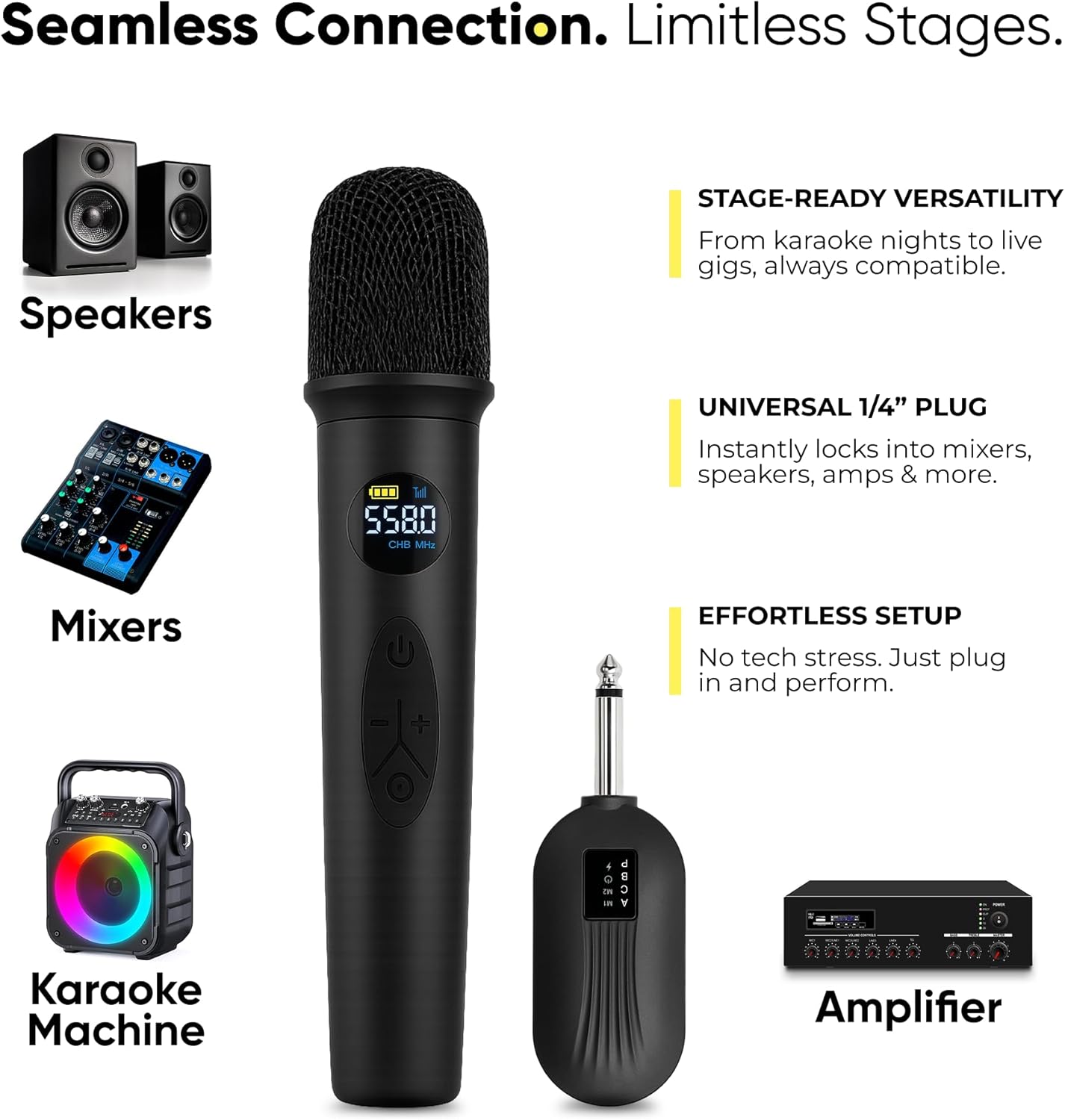 Bowens Wireless Microphone System – Karaoke Microphone Wireless with Receiver, Echo Control, LCD Display, USB-C Charging, 6.35mm Adapter – Cordless Mic for Singing, Speaking Parties, Events - Image 6
